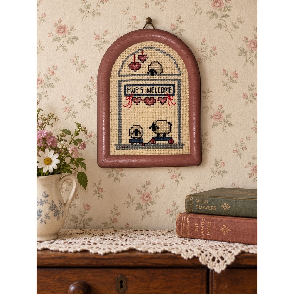 Vintage 1980s Ewe's Welcome Sheep Cross Stitch Farmhouse Cottagecore Grandmacore